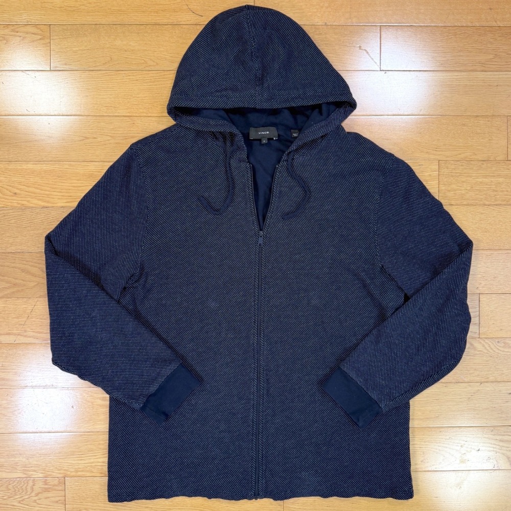 Vince Mens XL Navy Blue Micro Dot Full Zip Cotton Hoodie Jacket Textured Knit